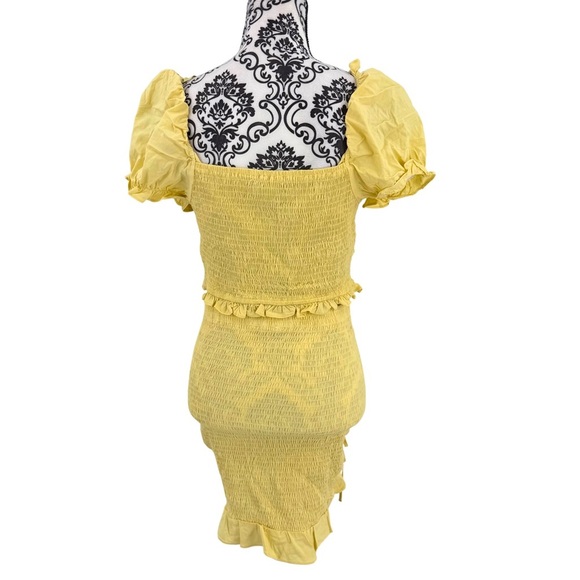 Story On Yellow Ruffle Lace-Up Puff Sleeve Crop Top & Ruched Mini Skirt Set, M - Picture 7 of 10